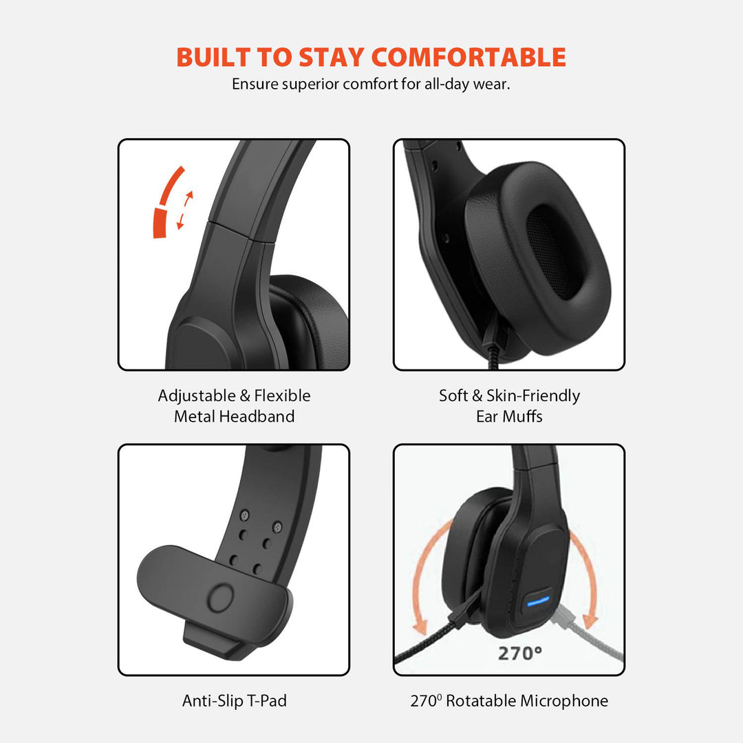 Bluetooth Headset mit Noise Canceling Mikrofon - Over-Ear Kopfhörer - Kompatibel mit Google Assistant & Siri