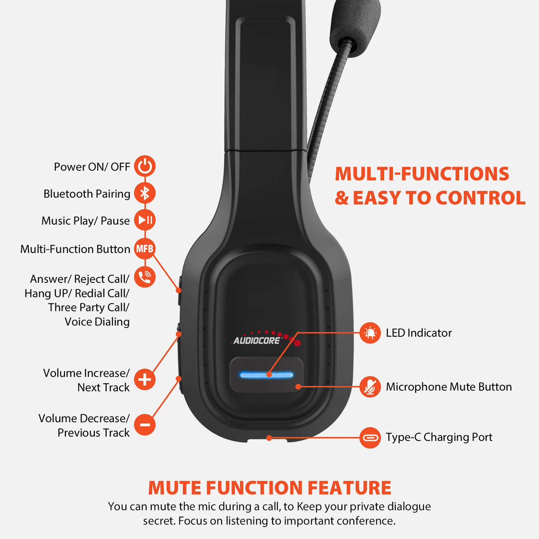 Bluetooth Headset mit Noise Canceling Mikrofon - Over-Ear Kopfhörer - Kompatibel mit Google Assistant & Siri