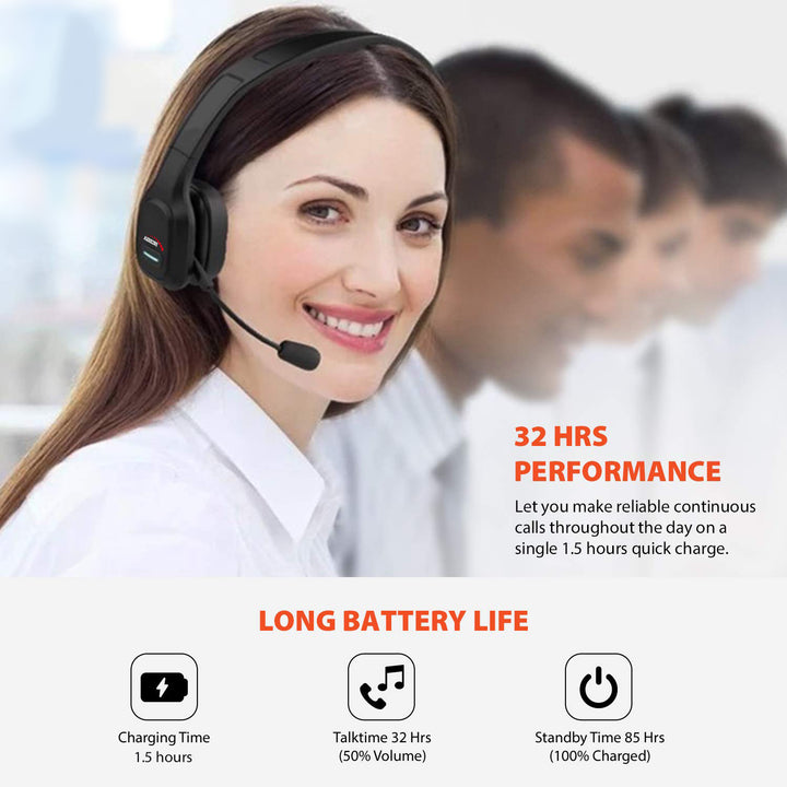 Bluetooth Headset mit Noise Canceling Mikrofon - Over-Ear Kopfhörer - Kompatibel mit Google Assistant & Siri