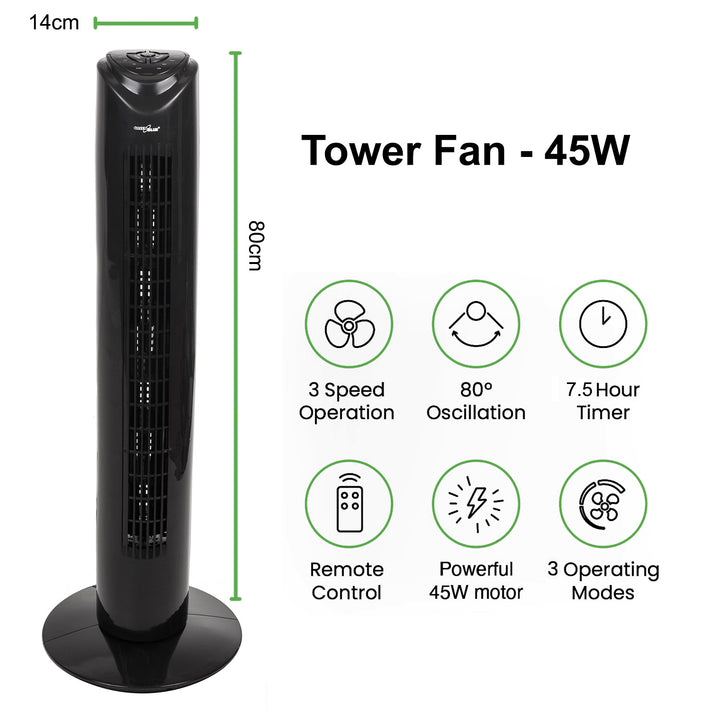 Turmventilator Ventilator mit Fernbedienung 3 Modi und 3 Geschwindigkeiten Oszillierend 80° 45W 7,5 Stunden Timer 82cm Höhe