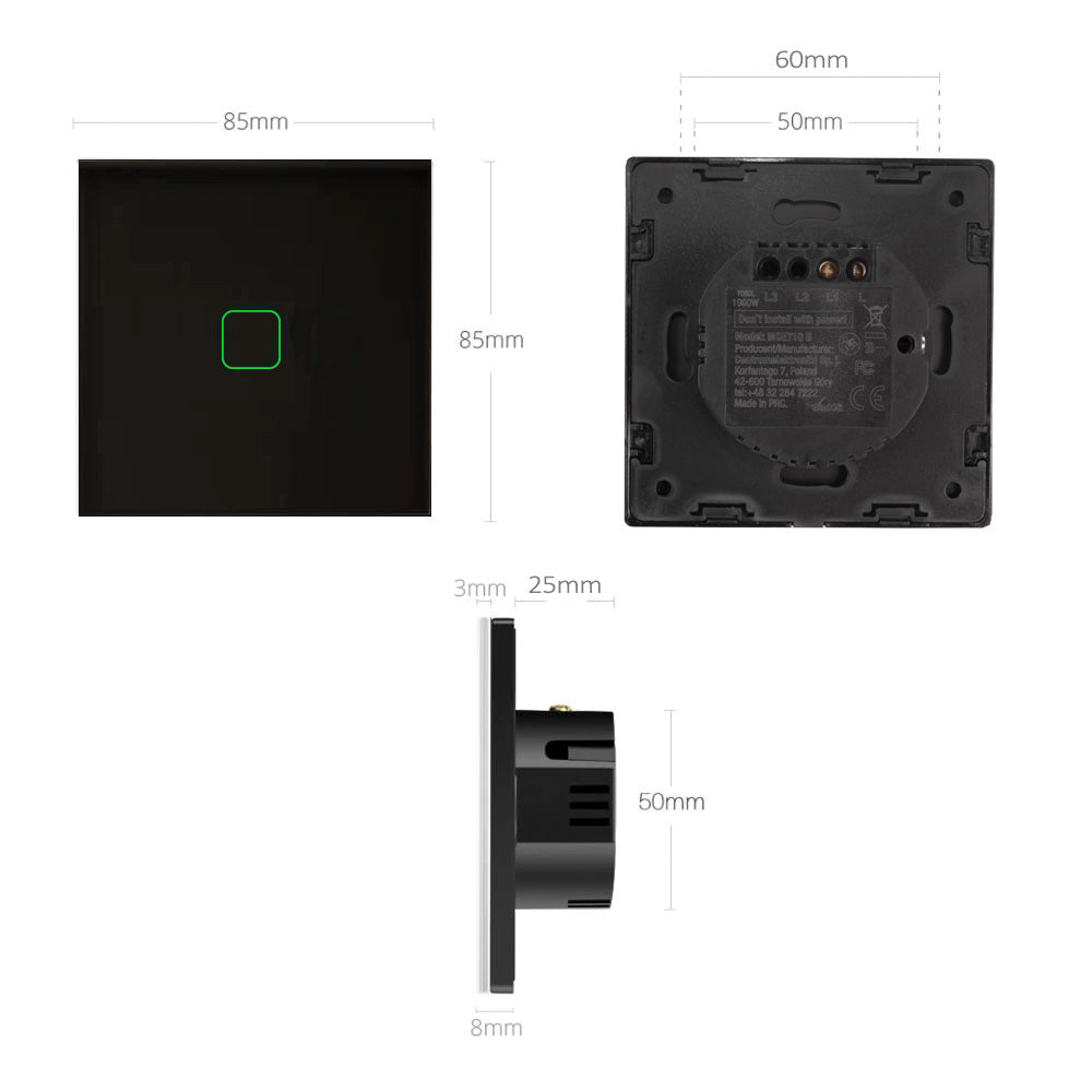 Touch Wechselschalter Lichtschalter Kreuzschalter Wandschalter Treppenschalter mit Farbwechsel LED Hintergrundbeleuchtung Einbauschalter 1-Fach Eckig Schwarz