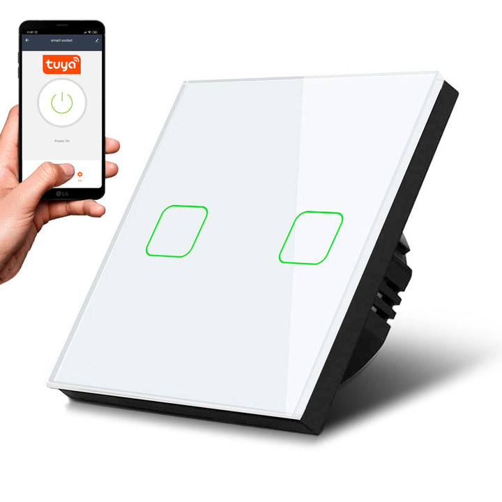 Touch Lichtschalter  Smart WiFi 2-Fach Kompatibel mit Tuya APP Wandschalter Glas Schalter mit Farbwechsel LED Hintergrundbeleuchtung Einbauschalter 85x85mm (2-Fach Eckig, Weiß)