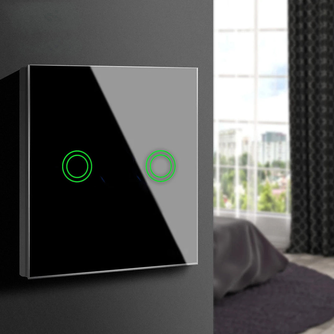 Touch Lichtschalter Kompatibel Smart WiFi 2-Fach mit Tuya APP Wandschalter Glas Schalter mit Farbwechsel LED Hintergrundbeleuchtung Einbauschalter 85x85mm (2-Fach Rund, Schwarz) …