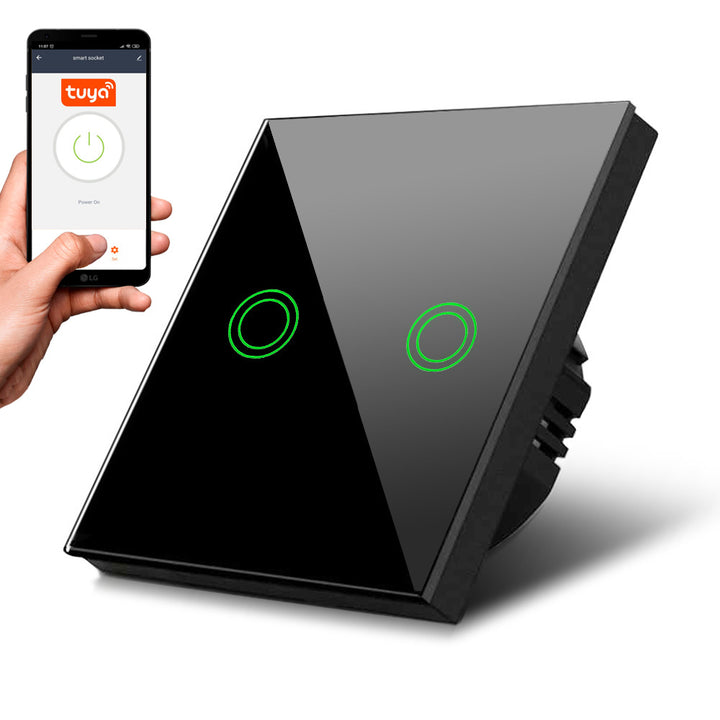 Touch Lichtschalter Kompatibel Smart WiFi 2-Fach mit Tuya APP Wandschalter Glas Schalter mit Farbwechsel LED Hintergrundbeleuchtung Einbauschalter 85x85mm (2-Fach Rund, Schwarz) …