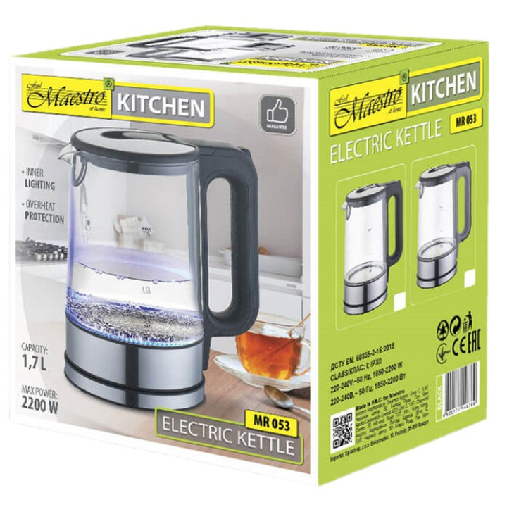 Elektrischer Glas-Wasserkocher mit Innenbeleuchtung 1,7L 360-Grad-Basis Abschaltautomatik Anti-Kalk-Filter Wasserstandsanzeige 220-240V, ~50Hz, 2200W