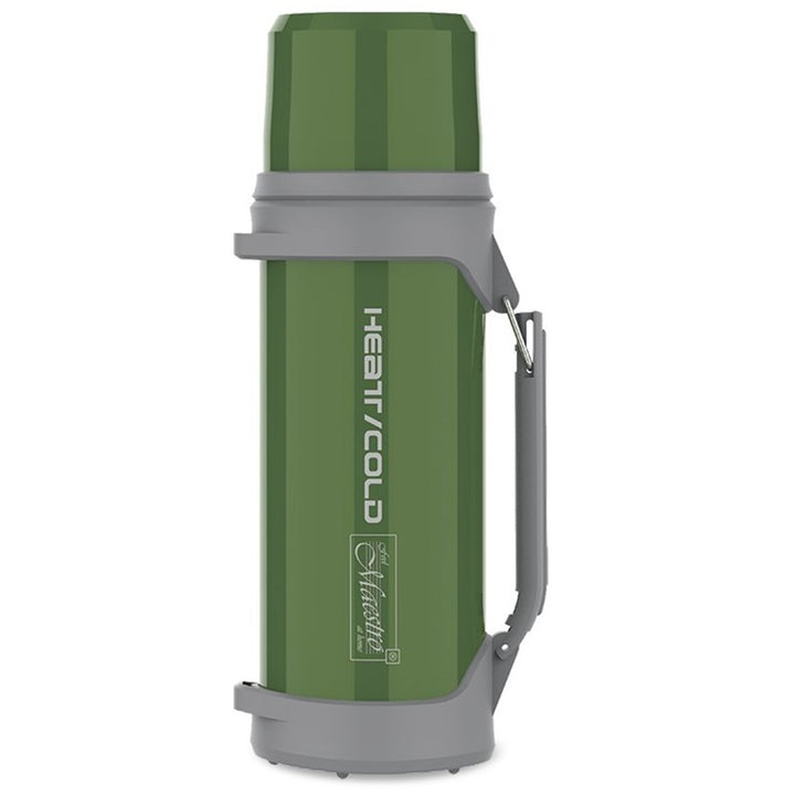 Thermoskanne 1L Isolierflasche mit Trinkbecher 350ml Vakuumisoliert Push-Button 110cm Tragegurt Isolierflasche Edelstahl 304 + Kunststoff für Warm- oder Kaltgetränke (Grün)