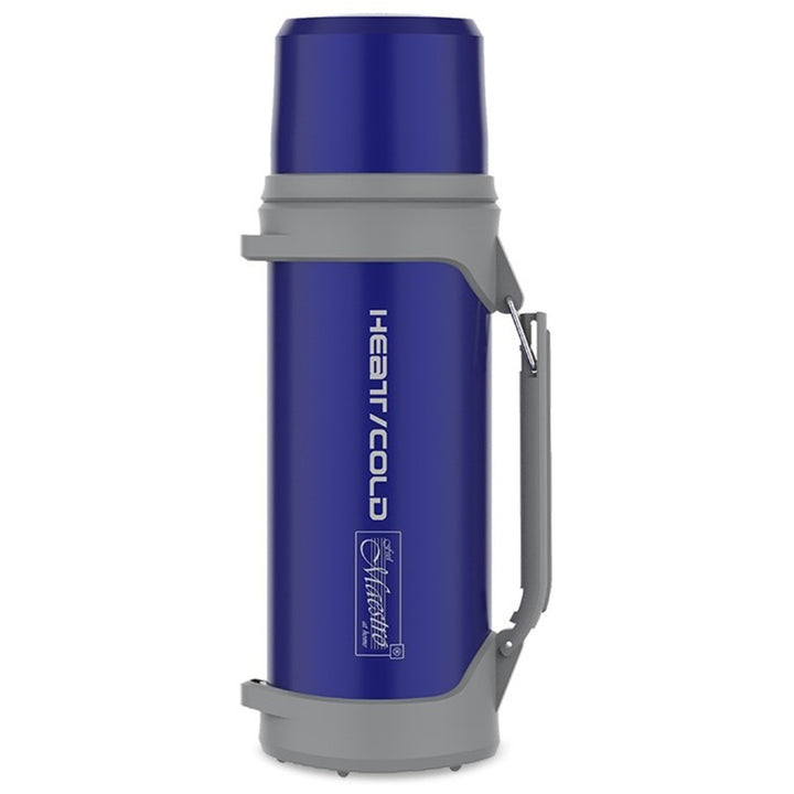 Thermoskanne 1L Isolierflasche mit Trinkbecher 350ml Vakuumisoliert Push-Button 110cm Tragegurt Isolierflasche Edelstahl 304 + Kunststoff für Warm- oder Kaltgetränke (Marineblau)