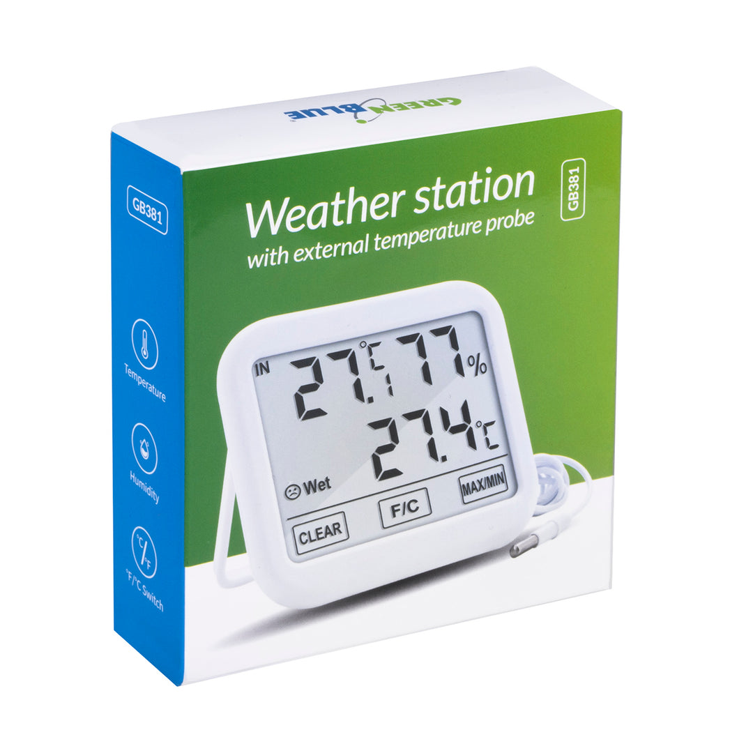 GreenBlue Wetterstation mit 1,5m Außensonde, Kabellänge 1,5m, Batterie 2xAA, GB381