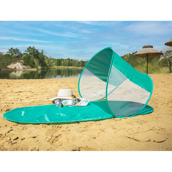 Strandmatte mit Sonnenschutz Stranddecke Picknickdecke Sonnenschutzdach 145 x 70 cm Outdoor Decke Wasserdicht Schnell Faltbar Tragbar  Minze
