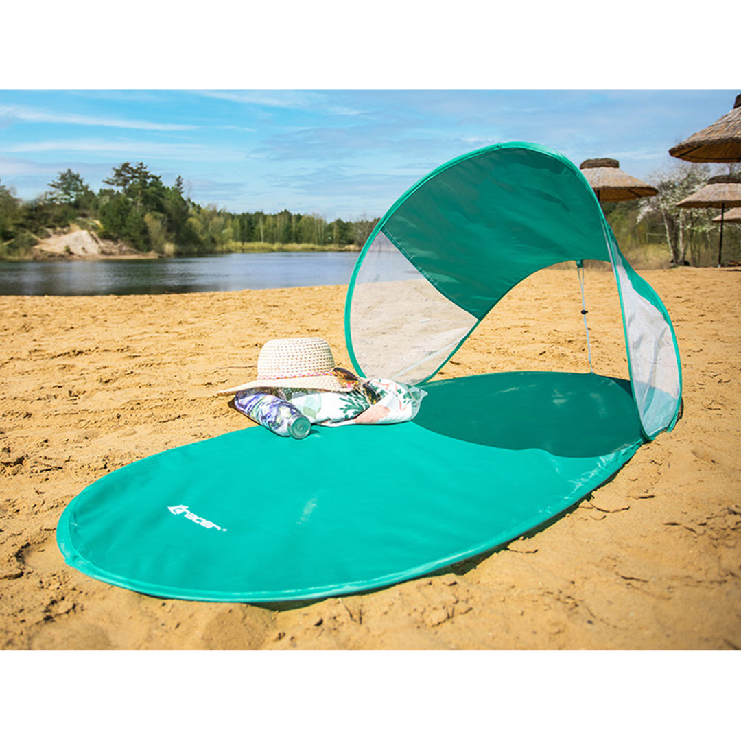 Strandmatte mit Sonnenschutz Stranddecke Picknickdecke Sonnenschutzdach 145 x 70 cm Outdoor Decke Wasserdicht Schnell Faltbar Tragbar  Minze