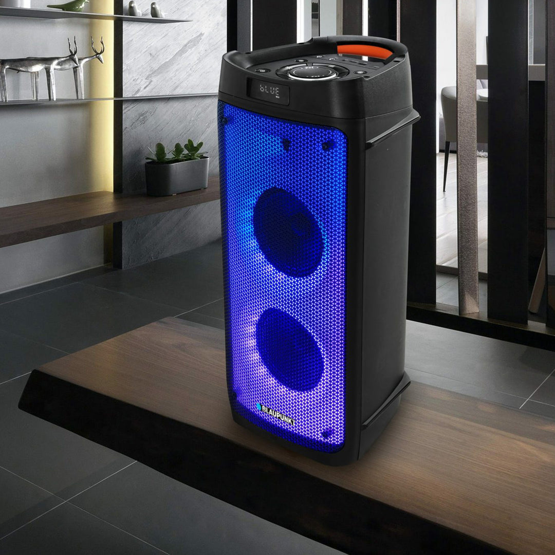 PartyBox Tragbarer Bluetooth-Lautsprecher mit Karaoke-Funktion Gitarreneingang TWS Radio AUX USB microSD Fernbedienung Disco LED Beleuchtung