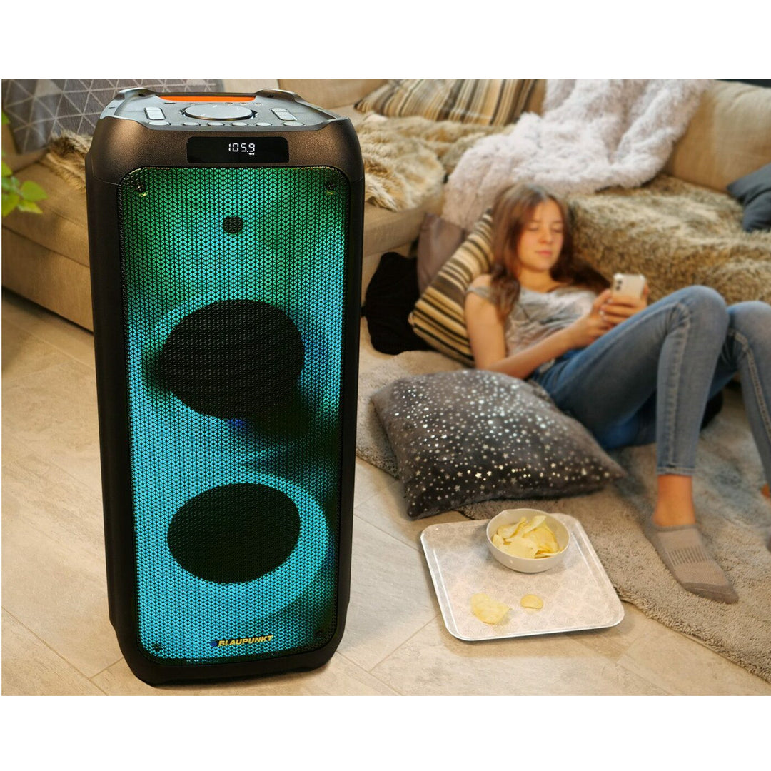 PartyBox Tragbarer Bluetooth-Lautsprecher mit Karaoke-Funktion Gitarreneingang TWS Radio AUX USB microSD Fernbedienung Disco LED Beleuchtung