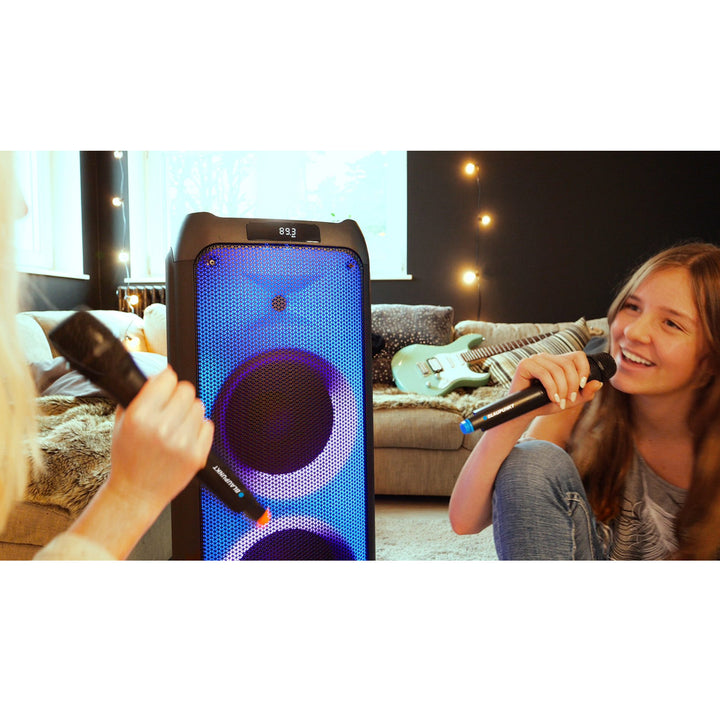 PartyBox Tragbarer Bluetooth-Lautsprecher mit Karaoke-Funktion Gitarreneingang TWS Radio AUX USB microSD Fernbedienung Disco LED Beleuchtung