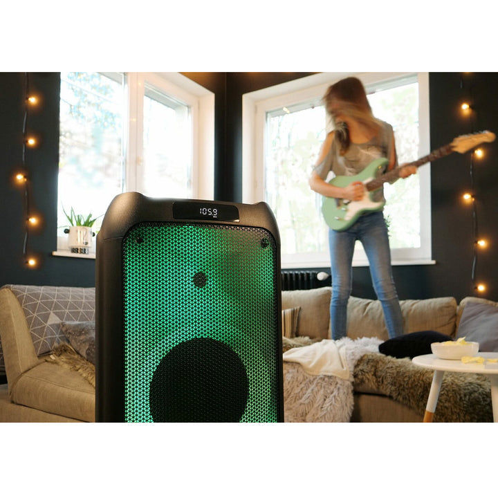 PartyBox Tragbarer Bluetooth-Lautsprecher mit Karaoke-Funktion Gitarreneingang TWS Radio AUX USB microSD Fernbedienung Disco LED Beleuchtung