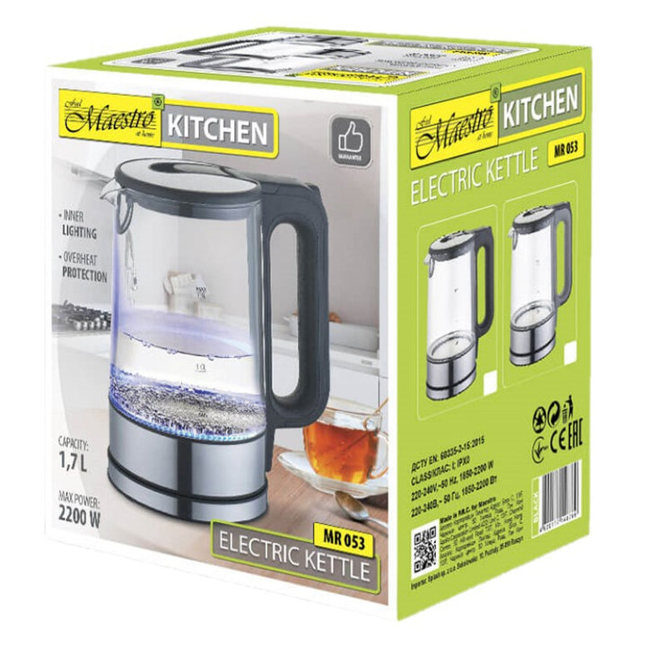 MAESTRO MR-053 Kabelloser Elektrischer Glas-Wasserkocher mit LED-Beleuchtung 1.7L Glas & Edelstahl 2200W
