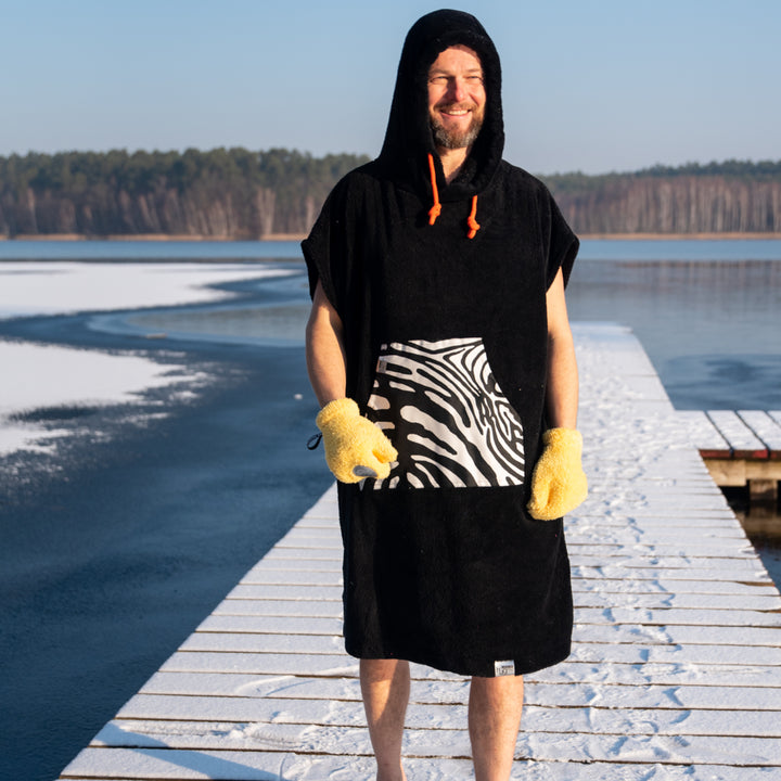 Hug Buddy Surf Poncho Handtuch Ideal für Schwimmen und Strand Badetuch Handtuch Kapuzenbadetuch (Schwarz, Zebra)