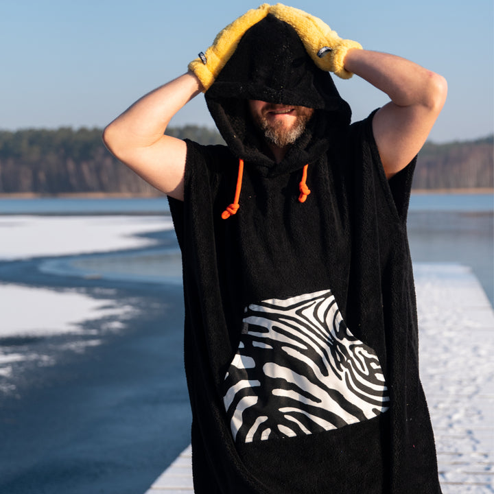 Hug Buddy Surf Poncho Handtuch Ideal für Schwimmen und Strand Badetuch Handtuch Kapuzenbadetuch (Schwarz, Zebra)