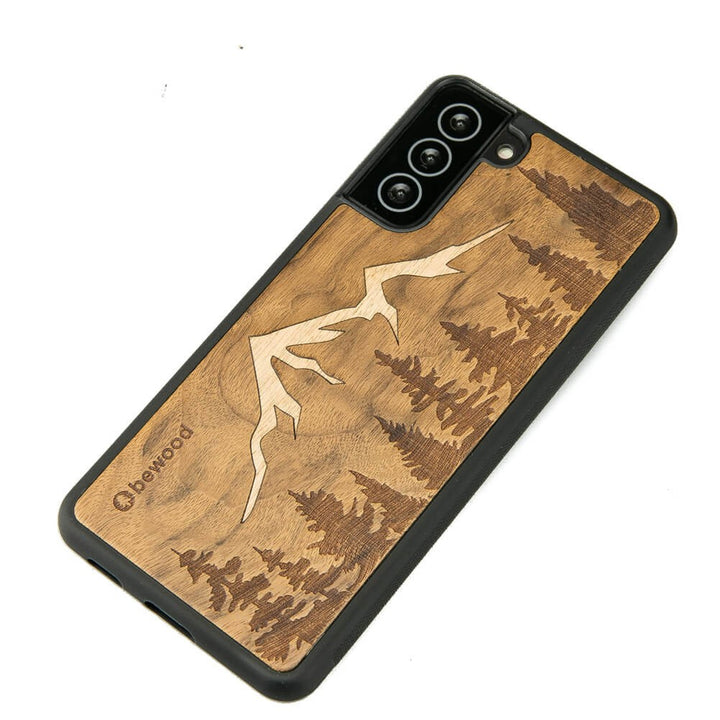 Bewood Handyhülle Holzetui Kompatibel mit Samsung Galaxy S21 FE Schutzhülle Hergestellt aus Naturholz Handwerkliche Präzision (Berge/Imbuia)