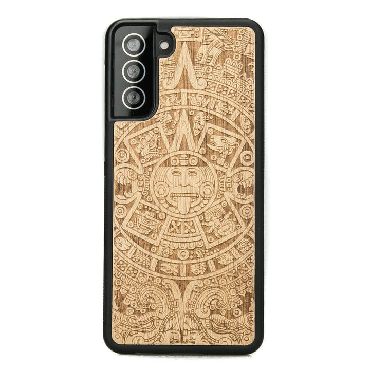 Bewood Handyhülle Holzetui Kompatibel mit Samsung Galaxy S21 FE Schutzhülle Hergestellt aus Naturholz Handwerkliche Präzision (Aztekischer Kalender/Aniegre)