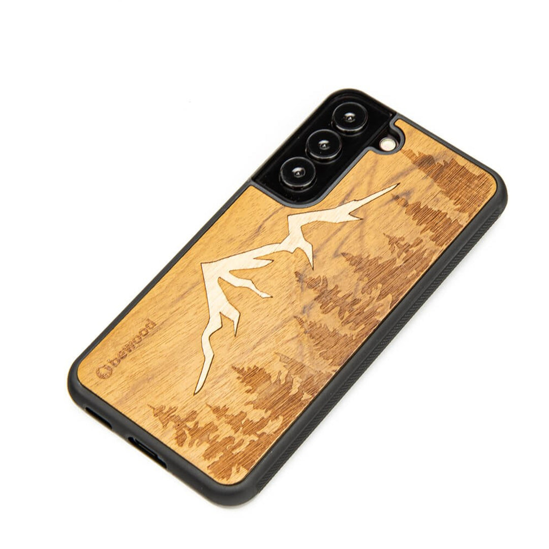 Bewood Handyhülle Holzetui Kompatibel mit Samsung Galaxy S22 Schutzhülle Hergestellt aus Naturholz Handwerkliche Präzision (Berge/Imbuia)