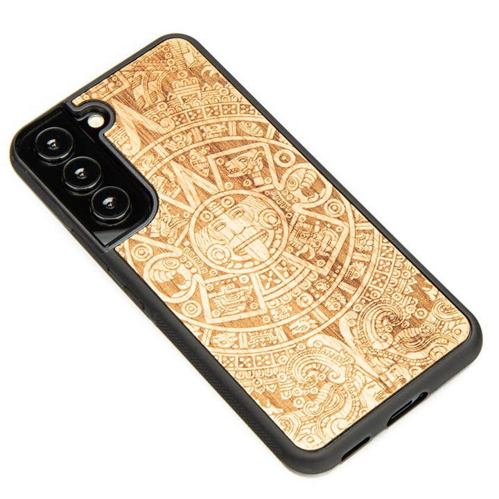 Bewood Handyhülle Holzetui Kompatibel mit Samsung Galaxy S22 Schutzhülle Hergestellt aus Naturholz Handwerkliche Präzision (Aztekischer Kalender/Aniegre)