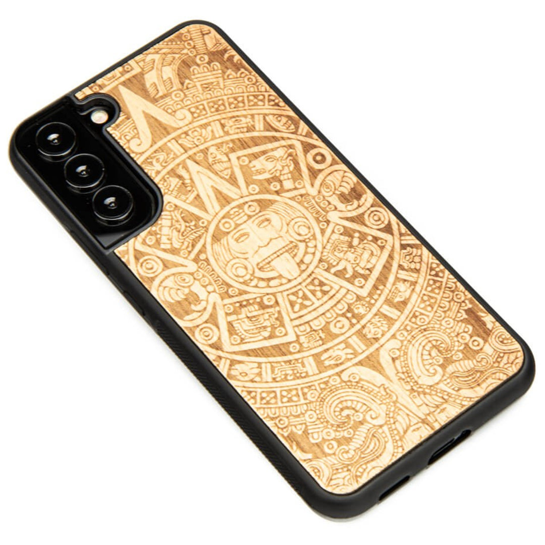 Bewood Handyhülle Holzetui Kompatibel mit Samsung Galaxy S22 Plus Schutzhülle Hergestellt aus Naturholz Handwerkliche Präzision (Aztekischer Kalender/Aniegre)