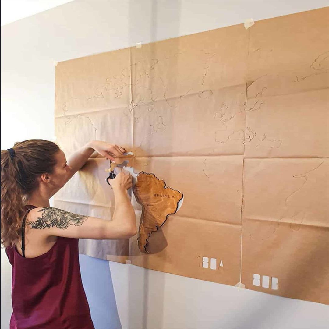 Weltkarte aus Holz Länder der Erde Handgefertigte Wanddekoration Holzdekoration 7 große Elemente und Inseln 100% Sperrholz (200cm M , Naturfarbe)