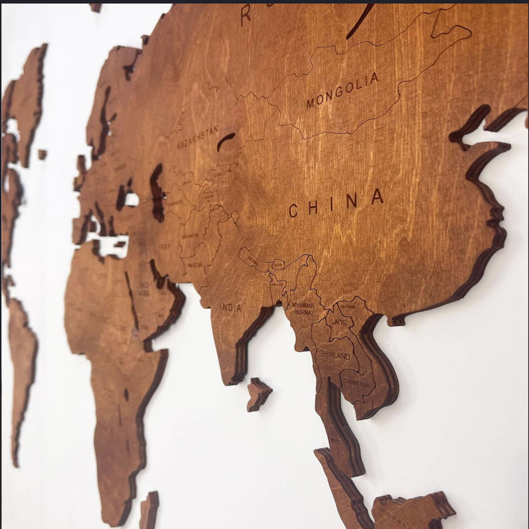 Weltkarte aus Holz Länder der Erde Handgefertigte Wanddekoration Holzdekoration 7 große Elemente und Inseln 100% Sperrholz (200cm M, Nuss)