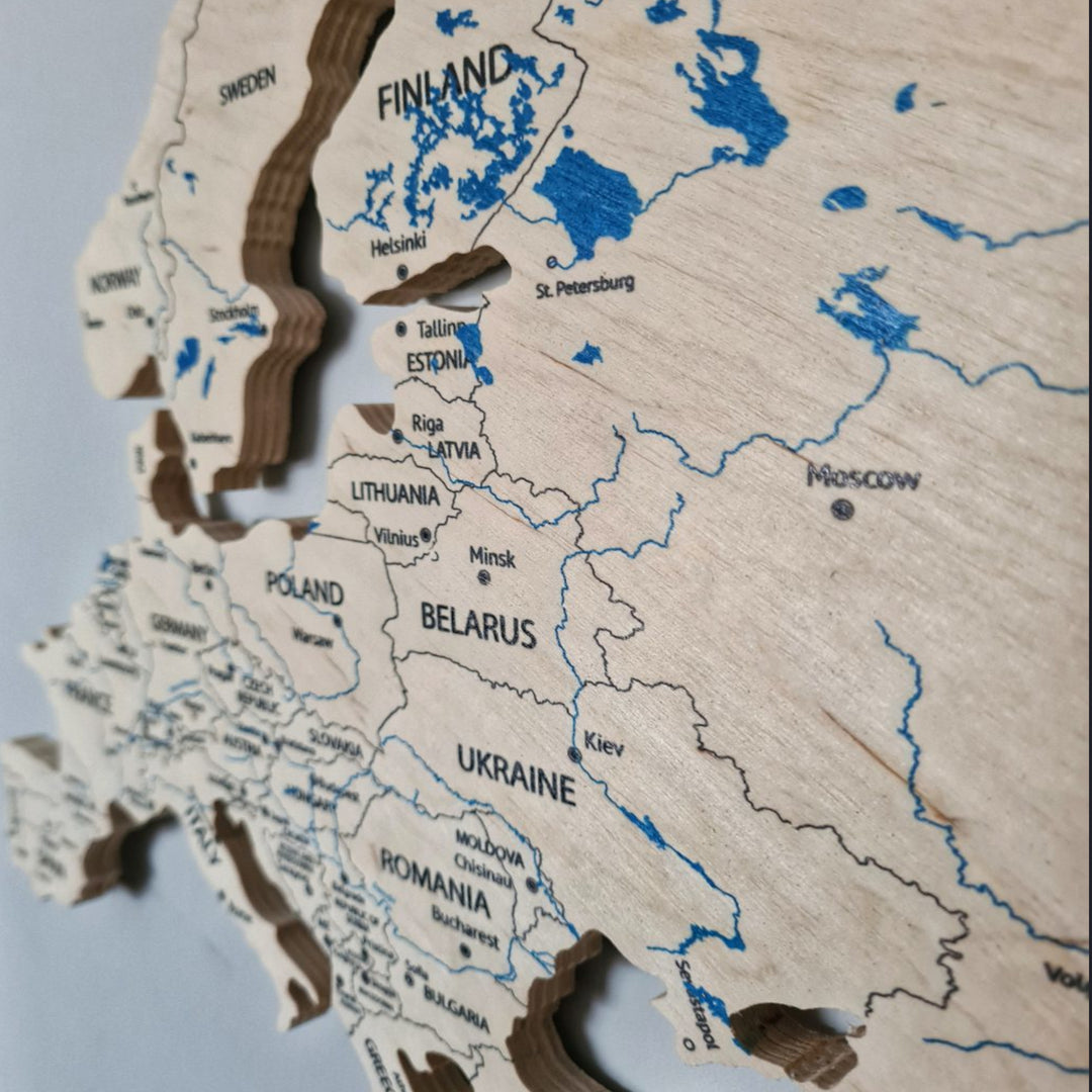 Premium Weltkarte aus Holz Länder der Erde mit Flüssen, Seen und Städten Handgefertigte Wanddekoration 12mm Holzdekoration 7 große Elemente und Inseln 100% Sperrholz  (150cm M, Naturfarbe)