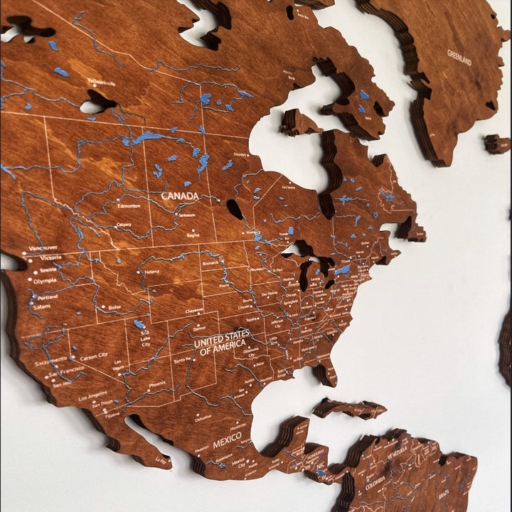 Premium Weltkarte aus Holz Länder der Welt mit Flüssen und Städten Handgefertigte Wanddekoration 12mm Holzdekoration 7 große Elemente und Inseln 100% Sperrholz (200cm, Nuss)