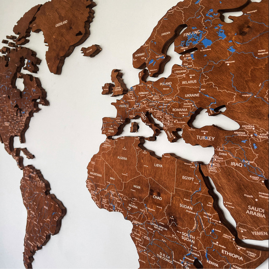 Premium Weltkarte aus Holz Länder der Welt mit Flüssen und Städten Handgefertigte Wanddekoration 12mm Holzdekoration 7 große Elemente und Inseln 100% Sperrholz (200cm, Nuss)