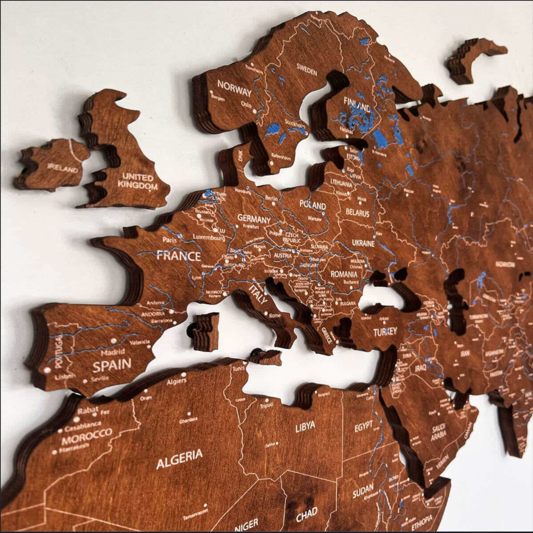 Premium Weltkarte aus Holz Länder der Welt mit Flüssen und Städten Handgefertigte Wanddekoration 12mm Holzdekoration 7 große Elemente und Inseln 100% Sperrholz (200cm, Nuss)