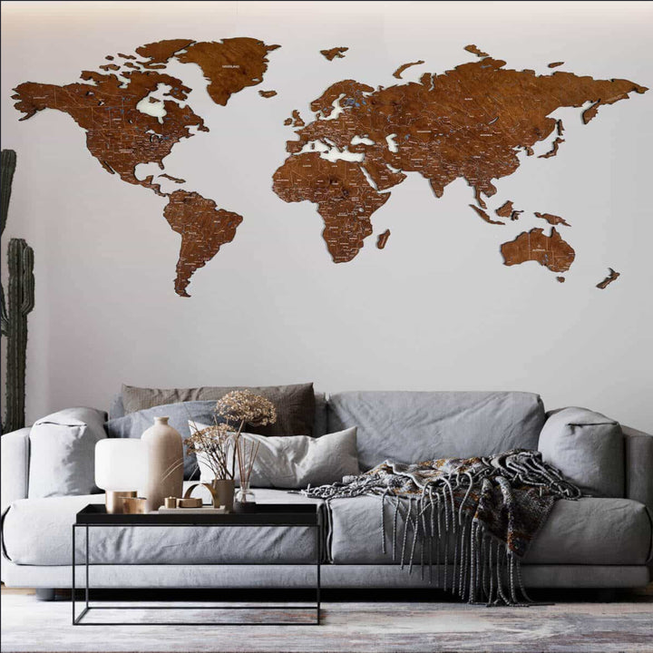 Premium Weltkarte aus Holz Länder der Welt mit Flüssen und Städten Handgefertigte Wanddekoration 12mm Holzdekoration 7 große Elemente und Inseln 100% Sperrholz (200cm, Nuss)