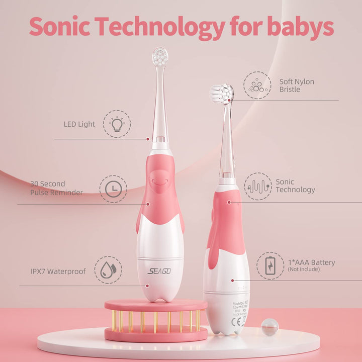 SEAGO SG-513 Rosa Zahnbürste Kinder Baby Kinderzahnbürste ab 0-3 Jahre mit LED Licht Smart Timer Schall Babyzahnbürste Wasserdicht IPX7 Schallzahnbürste