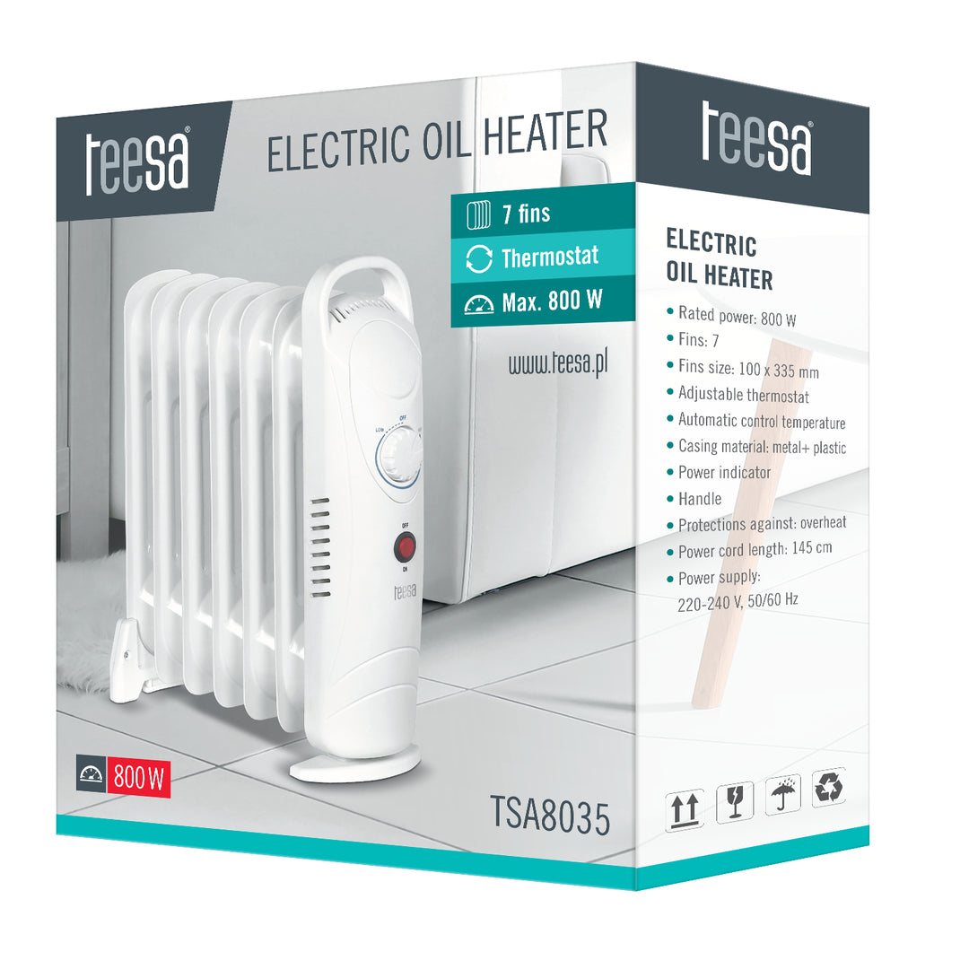 TSA8035 Elektrischer Ölradiator 800 W (7 Rippen), Heizkörper mit Thermostat, Weiß