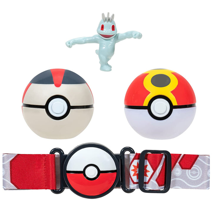 Pokémon PKW2717 - Clip and Go Pokéball Gürtel Set - Wiederball, Timerball & Machollo, offizielles Set mit Figur