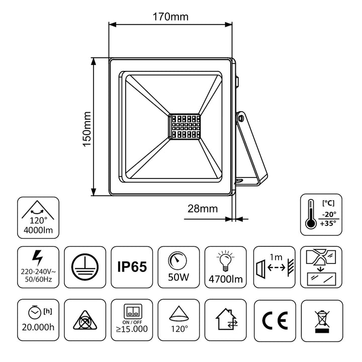 LED Flutlicht Strahler LED (Kaltweiß 6000K, 50W) +Bodentänder
