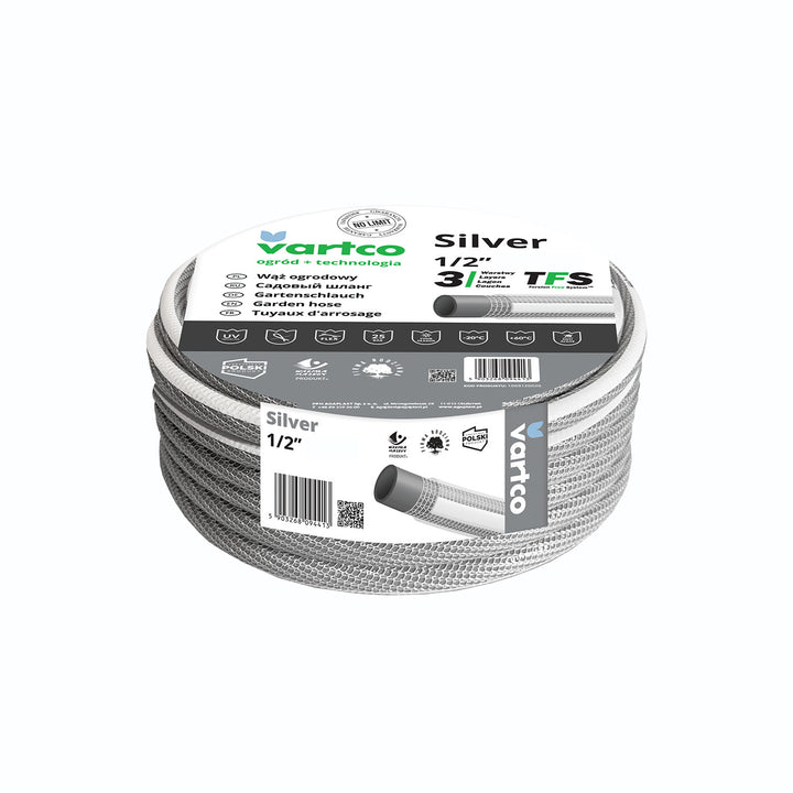 Vartco Silver TFS 3-lagiger Gartenschlauch Wasserschlauch Flexibel Anti Twist Schlauch Gartenbewässerung Flexischlauch UV-beständig 25 Bar 1/2" 30m