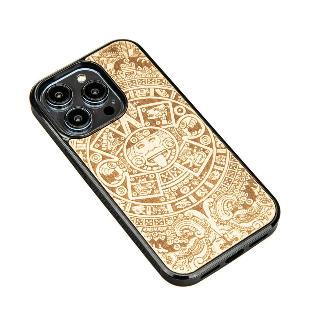 Bewood Handyhülle Holzetui Kompatibel mit iPhone 14 Pro Schutzhülle Hergestellt aus Naturholz Handwerkliche Präzision  (Aztekischer Kalender/Aniegre)