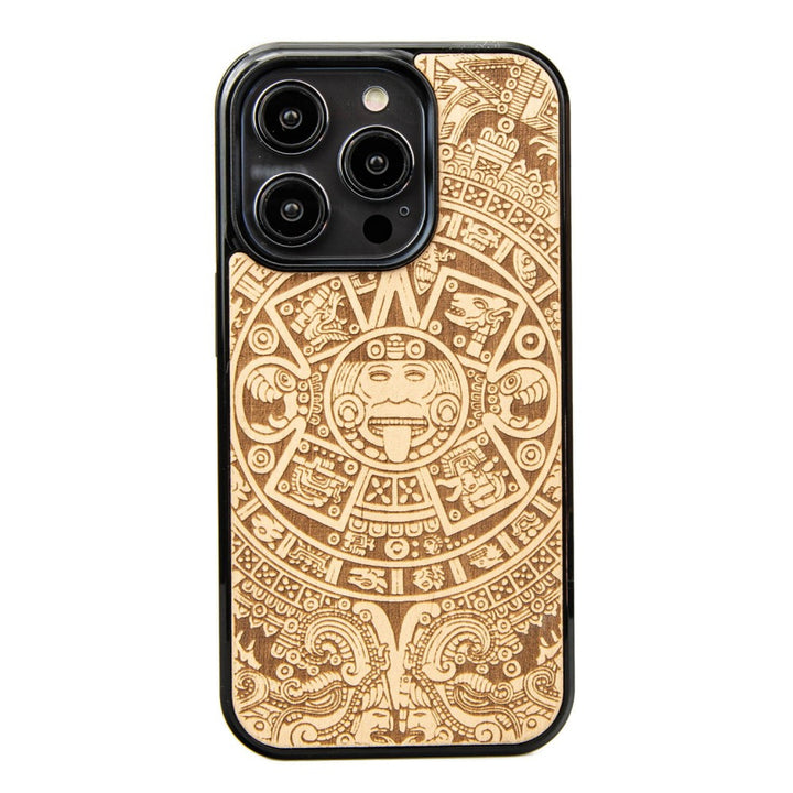 Bewood Handyhülle Holzetui Kompatibel mit iPhone 14 Pro Schutzhülle Hergestellt aus Naturholz Handwerkliche Präzision  (Aztekischer Kalender/Aniegre)