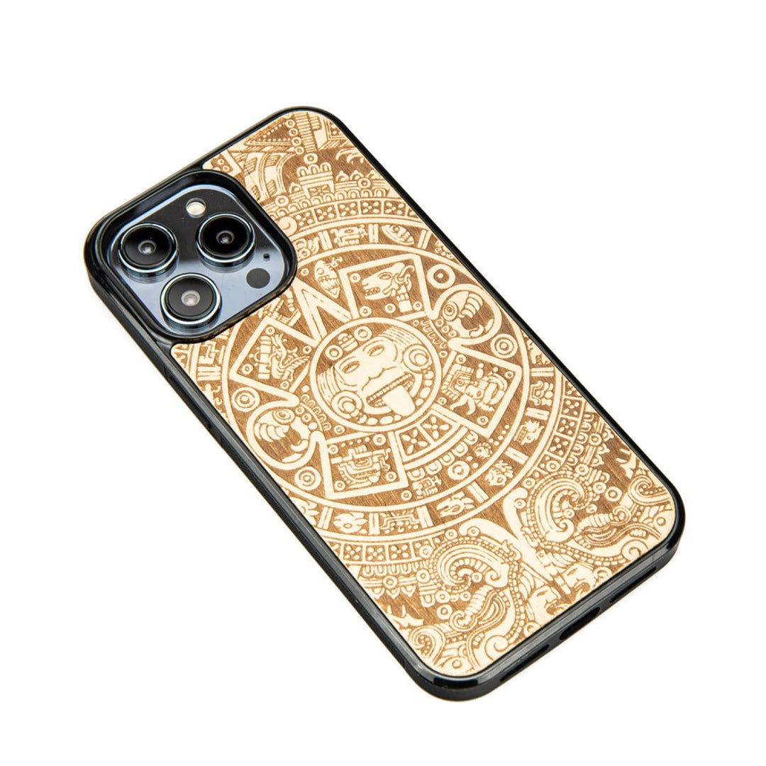 Bewood Handyhülle Holzetui Kompatibel mit iPhone 14 Pro Max Schutzhülle Hergestellt aus Naturholz Handwerkliche Präzision (Aztekischer Kalender/Aniegre)