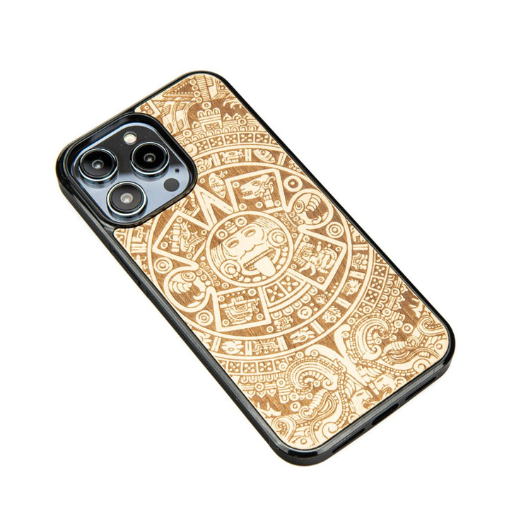 Bewood Handyhülle Holzetui Kompatibel mit iPhone 14 Pro Max Schutzhülle Hergestellt aus Naturholz Handwerkliche Präzision (Aztekischer Kalender/Aniegre)