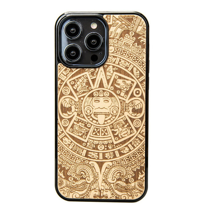 Bewood Handyhülle Holzetui Kompatibel mit iPhone 14 Pro Max Schutzhülle Hergestellt aus Naturholz Handwerkliche Präzision (Aztekischer Kalender/Aniegre)