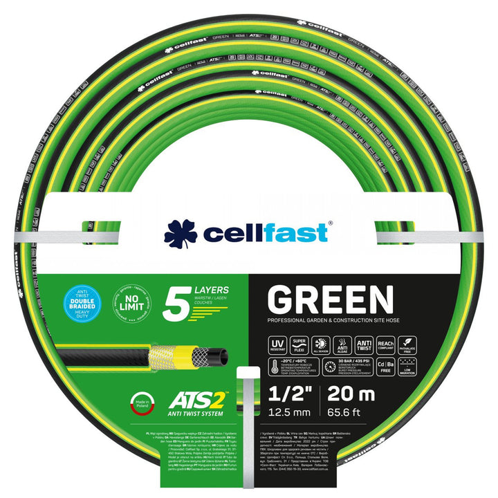 Cellfast Green ATS2™ 5-lagiger Gartenschlauch Doppelgeflecht mit Kreuz- und Trikotgewebe UV-Strahlen- und Algenablagerungbeständig (1/2" 20 m)