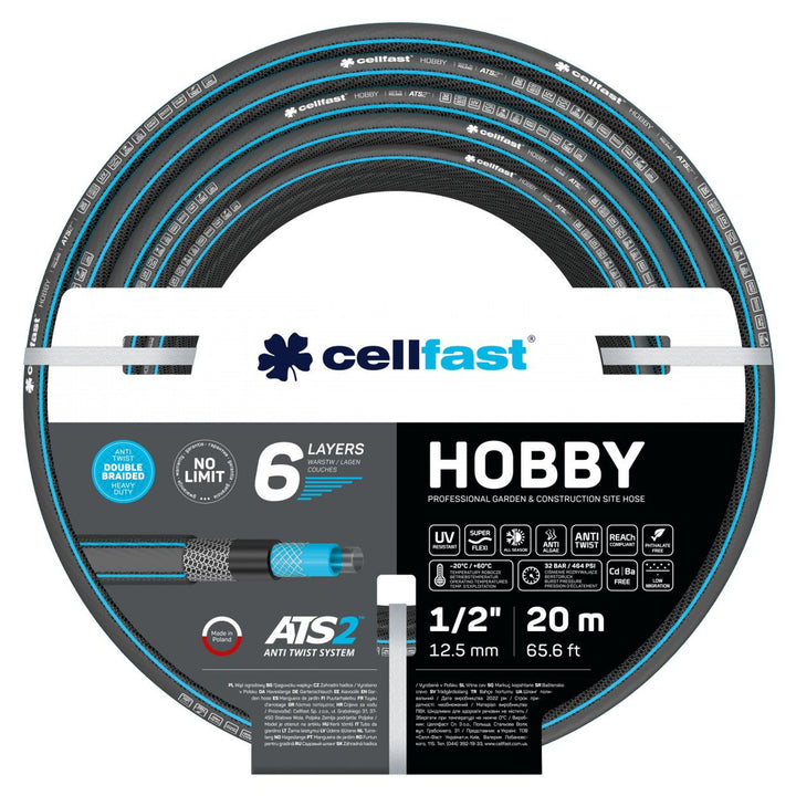 Cellfast HOBBY ATS2™ 6-lagiger Gartenschlauch Doppelgeflecht mit Kreuz- und Trikotgewebe UV-Strahlen- und Algenablagerungbeständig 1/2" 20 m