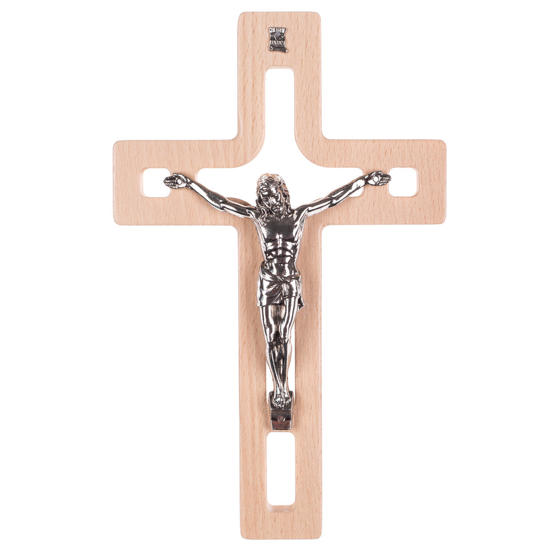 Hölzernes hängendes Kreuz modern mit dem Passionskreuz natürlich 25x16x1,6 cm