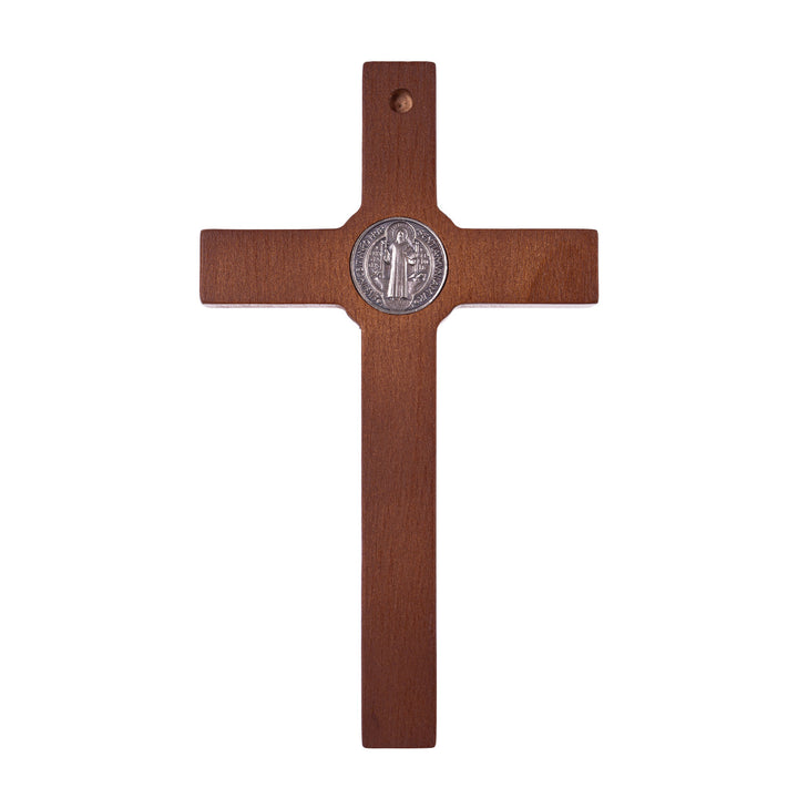 Das hölzerne, hängende Kreuz des heiligen Benedikt mit dem Passionskreuz braun 18x10x1,8 cm