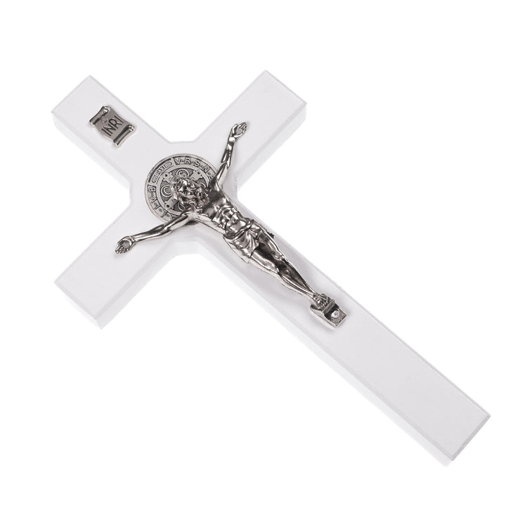 Hängendes Kreuz des Heiligen Benedikt mit dem Passionskreuz Hängekreuz aus Buchenholz (Weiß, 28x16x1,8cm)