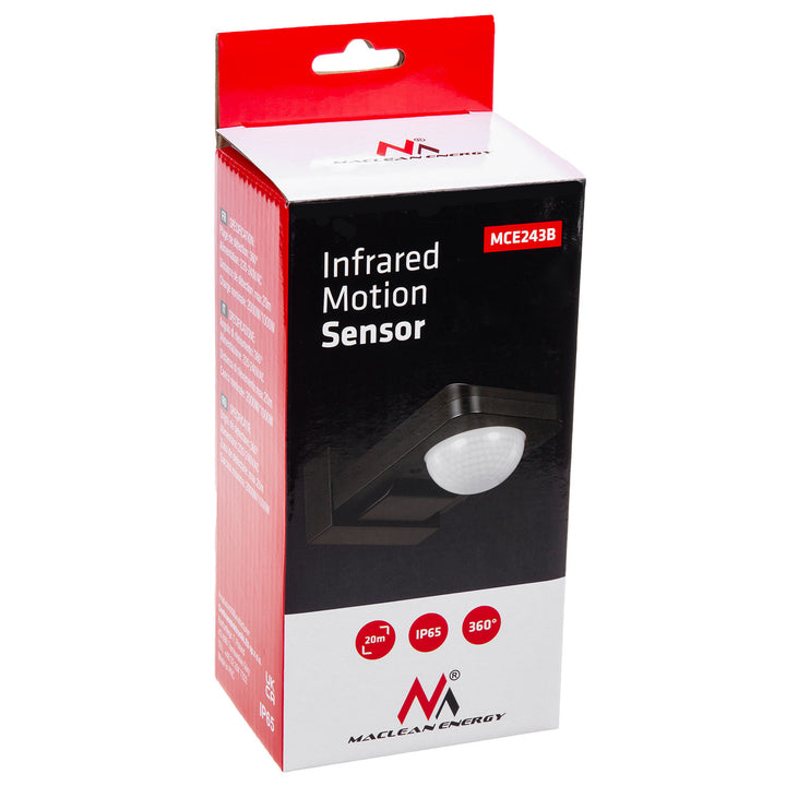 Maclean MCE243 B Infrarot-Bewegungssensor mit Dämmerungssensor 360° Grad Erfassungsbereich bis 20m Sensor IP65 max 2000W (Schwarz)