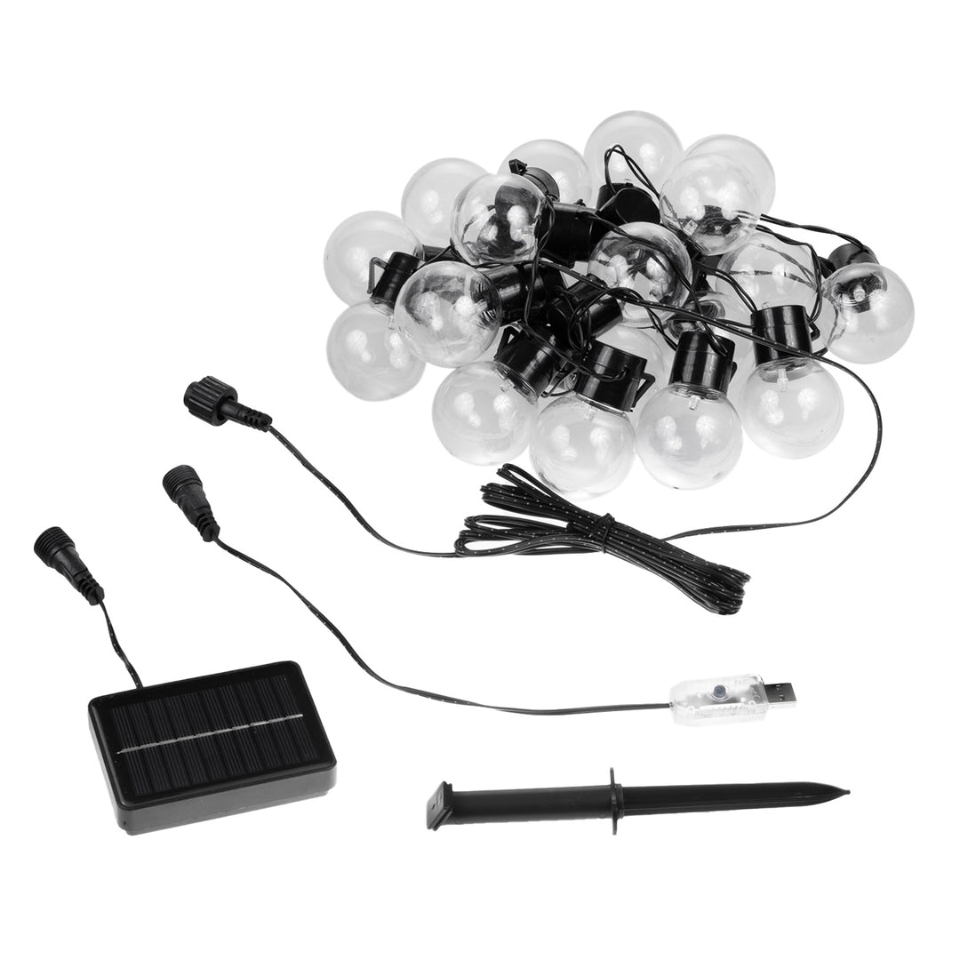 Maclean MCE424 Lichterkette für den Garten, 2-in-1:Stromversorgung über Solarpanel oder USB, 8 Beleuchtungsmodi, 20x Glühbirnen, IP44: Schutz gegen Spritzwasser, Länge: 7m